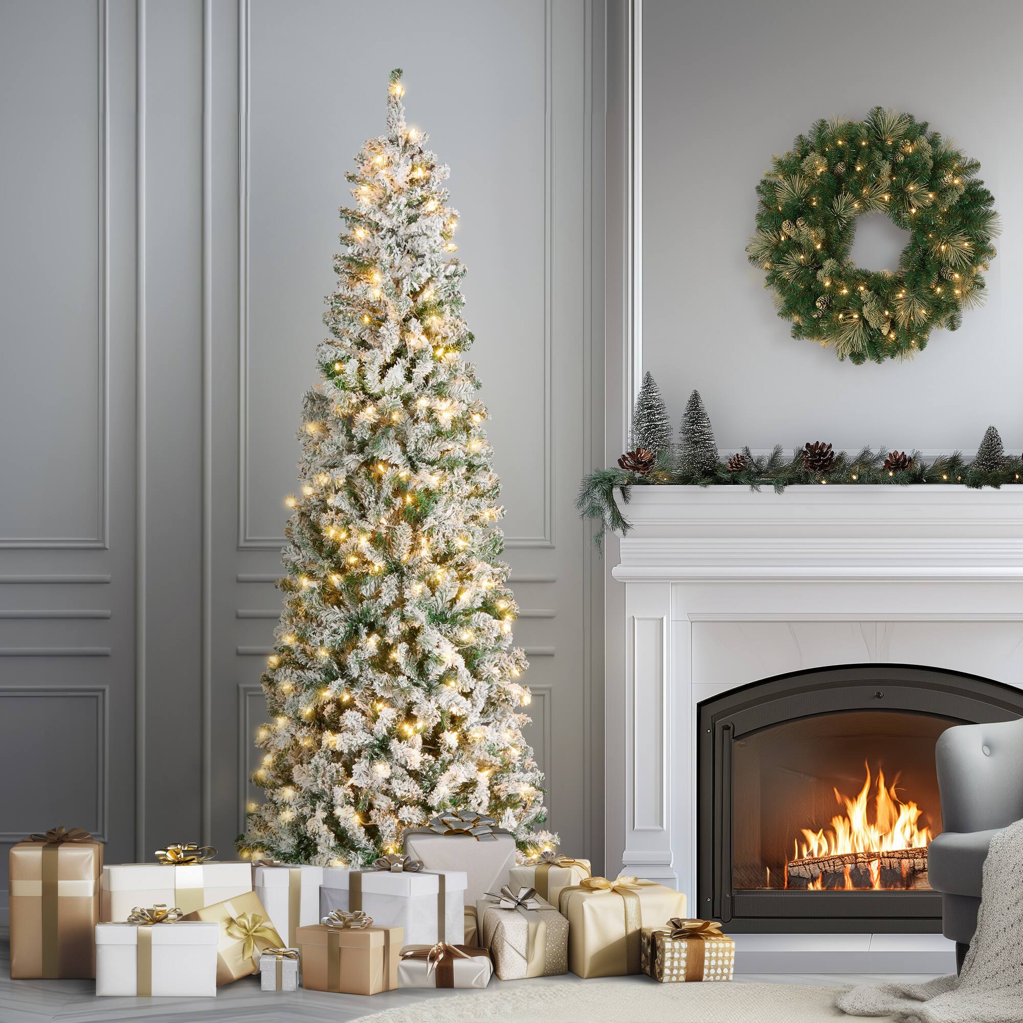 7.5ft. Pre-Lit Acacia Medium Flocked Artificial Christmas Tree, Clear Lights